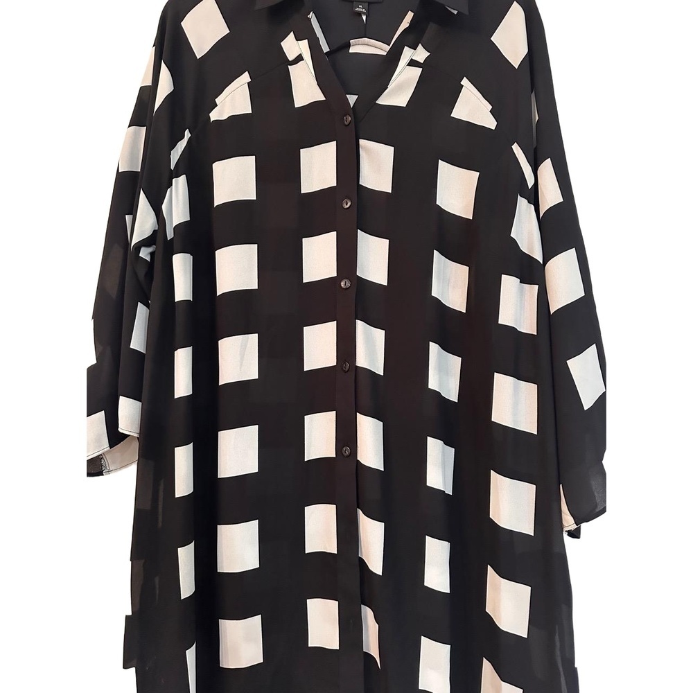 ALFANI Womens XL Black White Geometric Button-Down Tunic Roll Up Sleeve - Picture 3 of 6